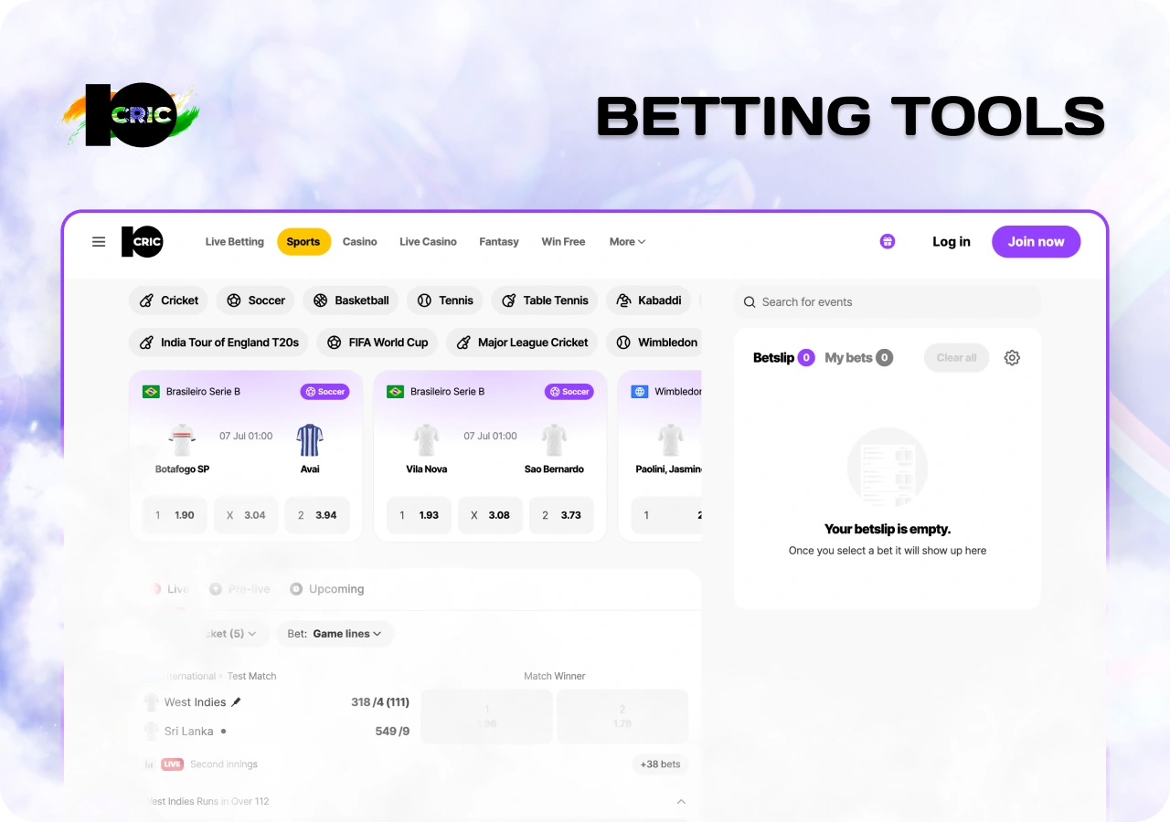 10cric betting tools including cash-out, match statistics and combined wagers