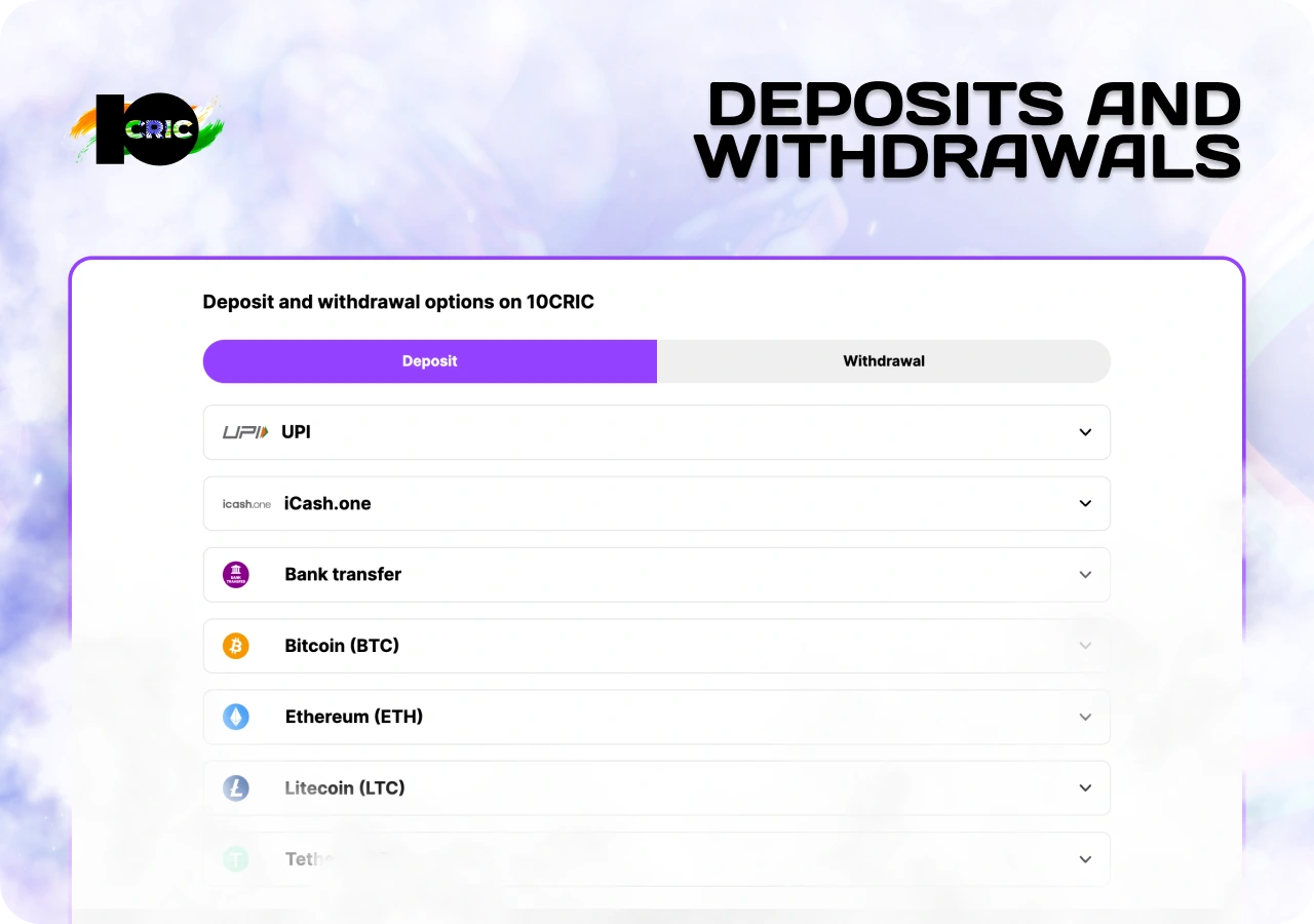 10cric payment methods supporting deposits and withdrawals for Indian players