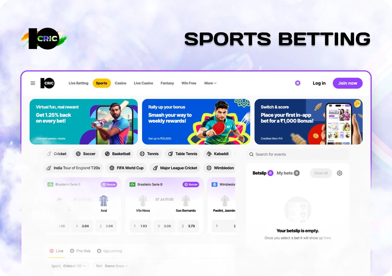 10cric Cricket betting markets featuring live odds, match schedules and betting options